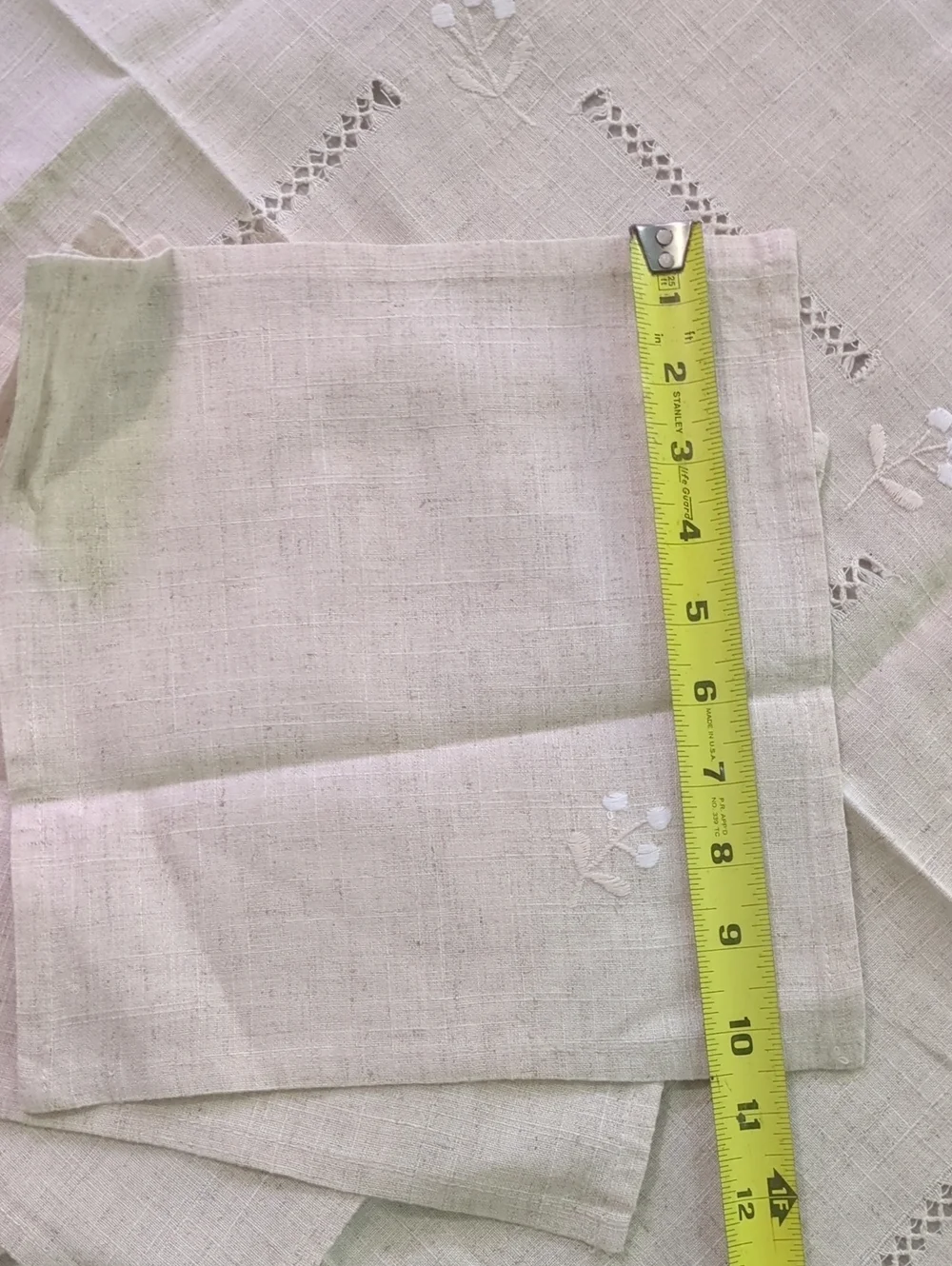 Beautiful vintage table linen set featuring one embroidered square tablecloth an